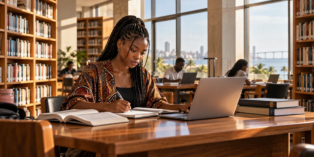 Estudante trabalha na biblioteca