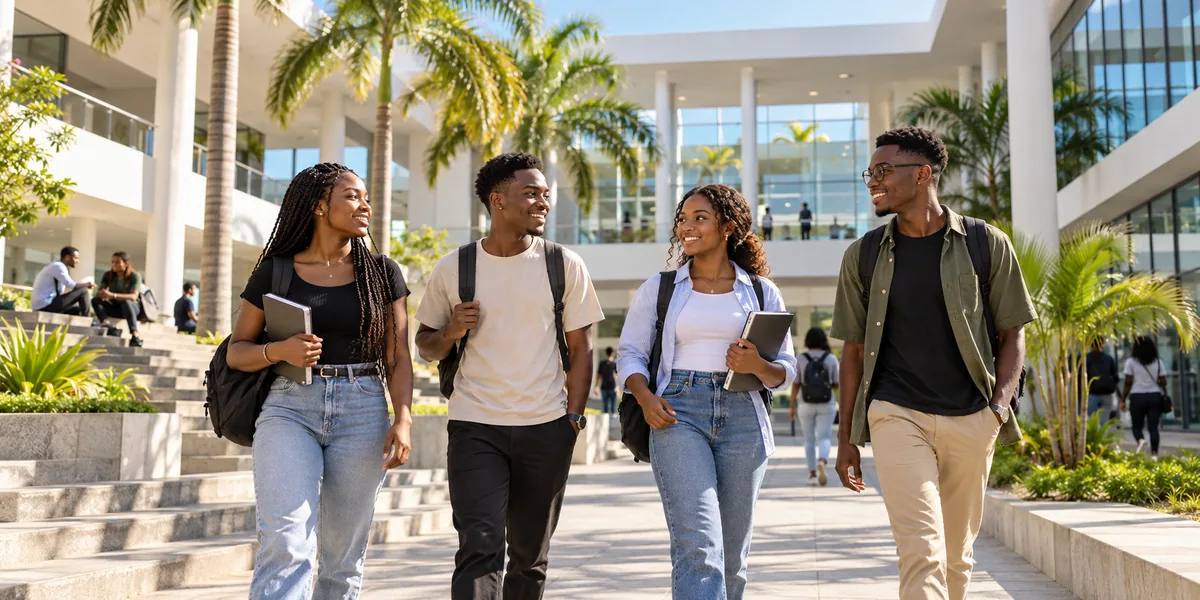Estudantes caminham juntos num campus contemporâneo