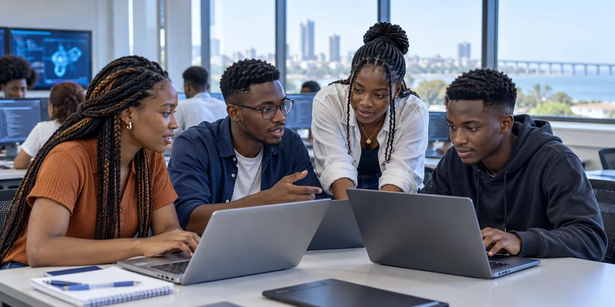 Estudantes colaboram num laboratório de tecnologia